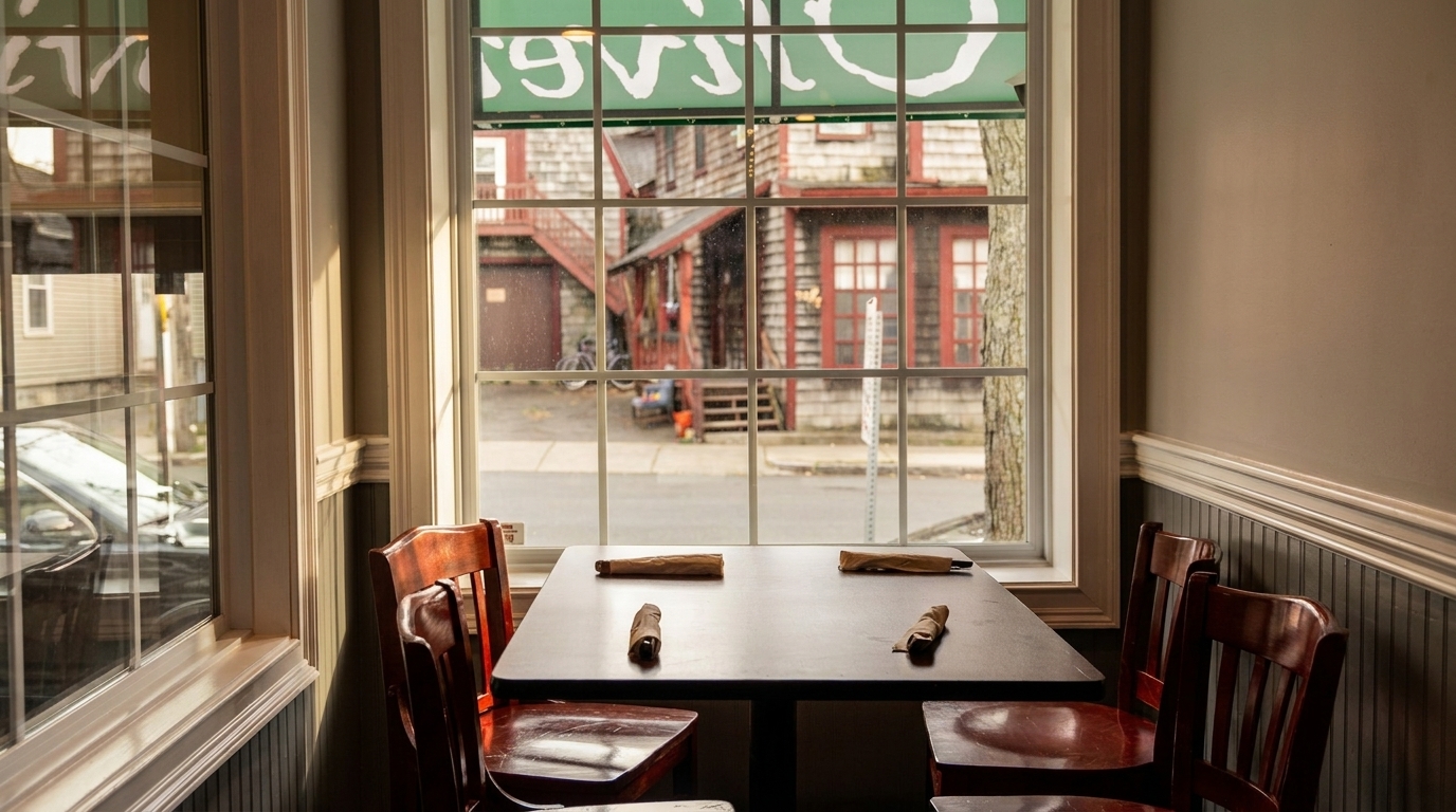 A restaurant table with four chairs by a window overlooking a street with buildings.