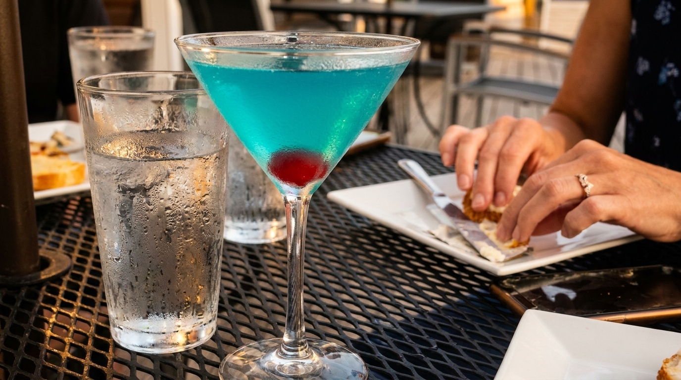 Blue martini with a cherry, water glass, and a person eating appetizers on an outdoor patio.