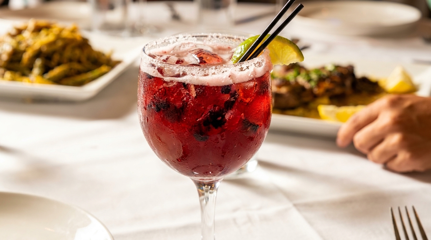 A vibrant red berry cocktail with a lime wedge and straws, on a white tablecloth.