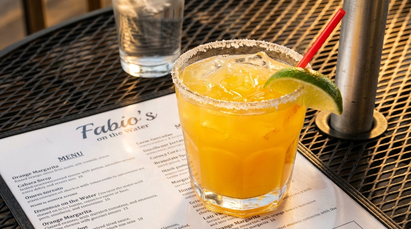 A vibrant orange margarita with a lime wedge and red straw sits on a menu for Fabio's on the Water.