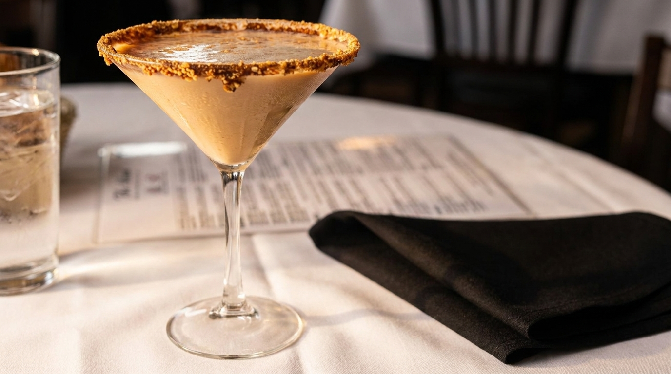 A martini glass with a creamy drink and a crushed graham cracker rim sits on a white tablecloth.