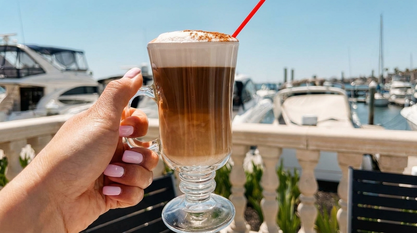 A hand holds a layered coffee drink with whipped cream and a red straw, overlooking a marina.