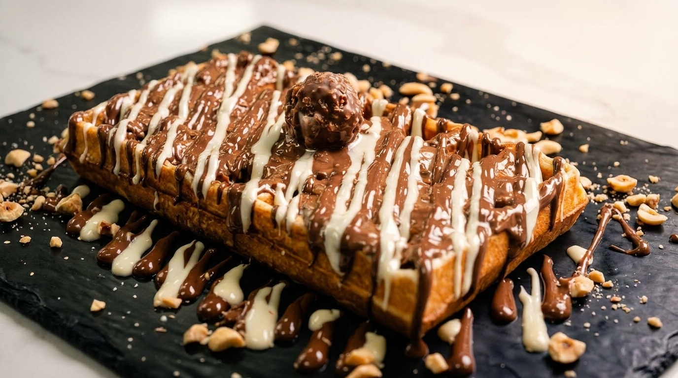 Waffle topped with chocolate and white chocolate drizzle, a chocolate truffle, and chopped hazelnuts.