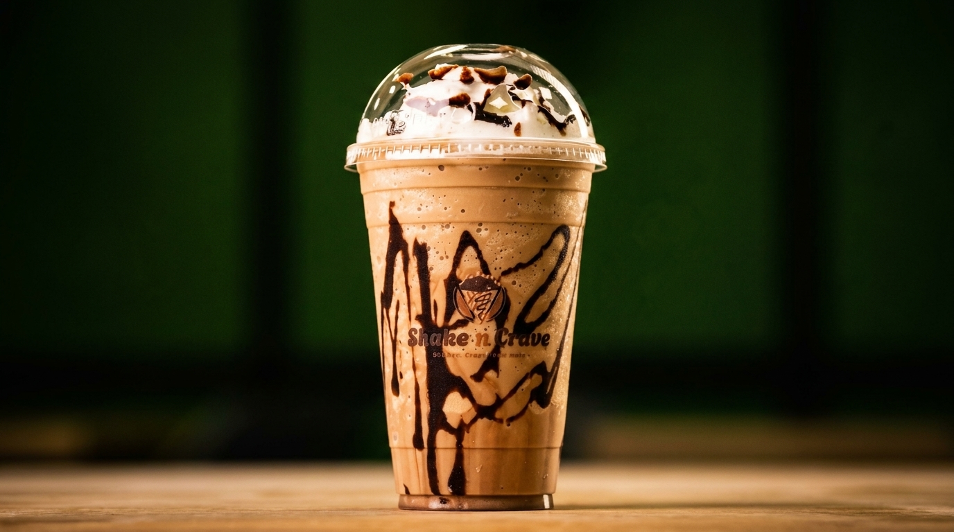 A Shake 'n Crave frappe with whipped cream and chocolate drizzle in a plastic cup.