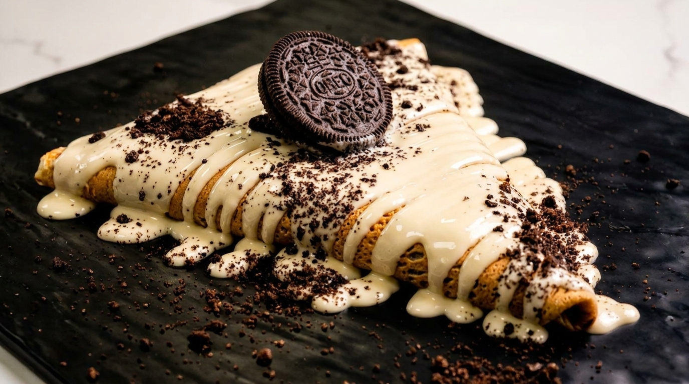 A folded crepe drizzled with white chocolate sauce, topped with crushed Oreos and a whole Oreo cookie.