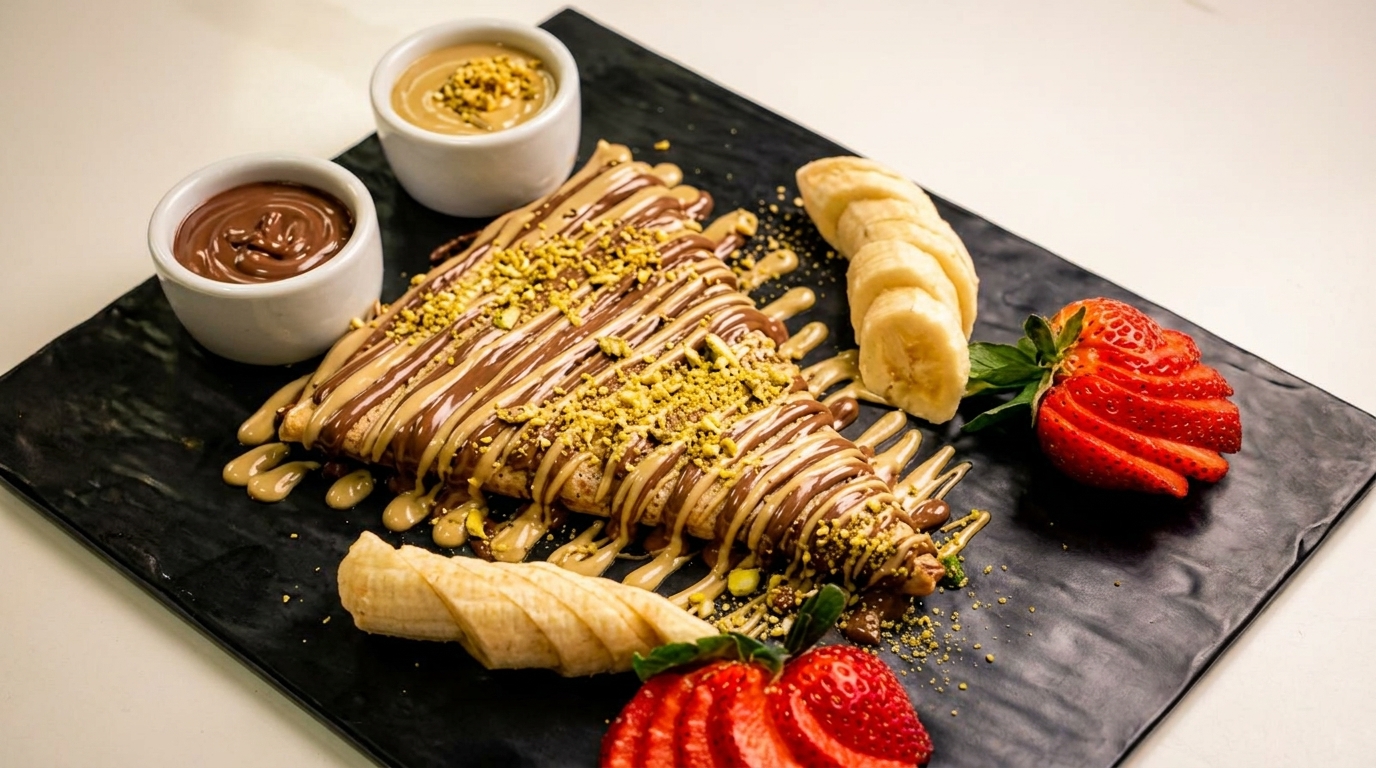 A dessert crepe drizzled with chocolate and peanut butter, garnished with pistachios, bananas, and strawberries.