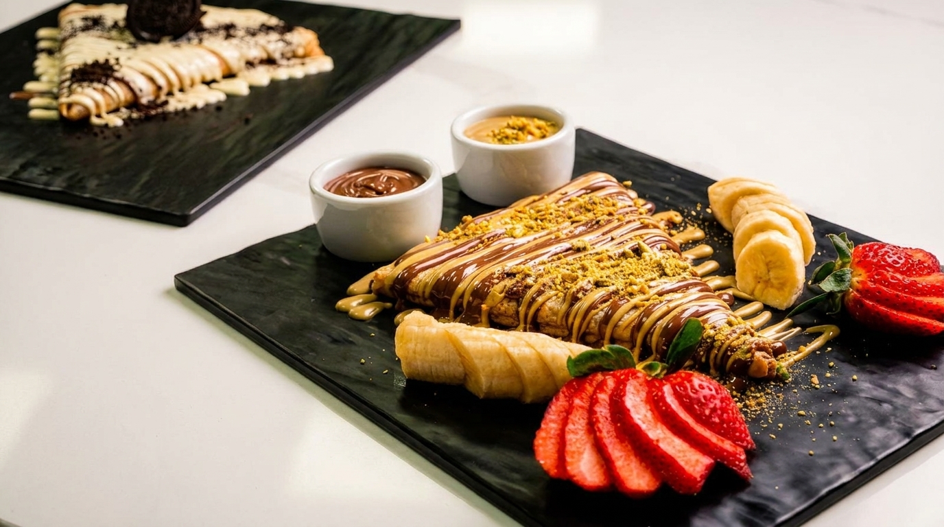 Two dessert crepes on black plates, one with chocolate and pistachio, the other with white chocolate and cookies.