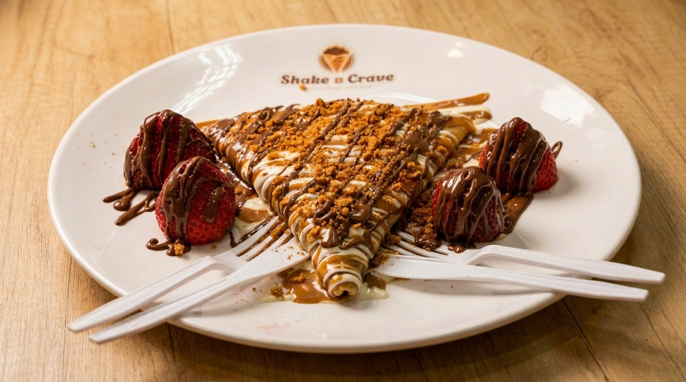 Shake n Cravings' chocolate and white chocolate drizzled crepe with cookie crumbles and strawberries.