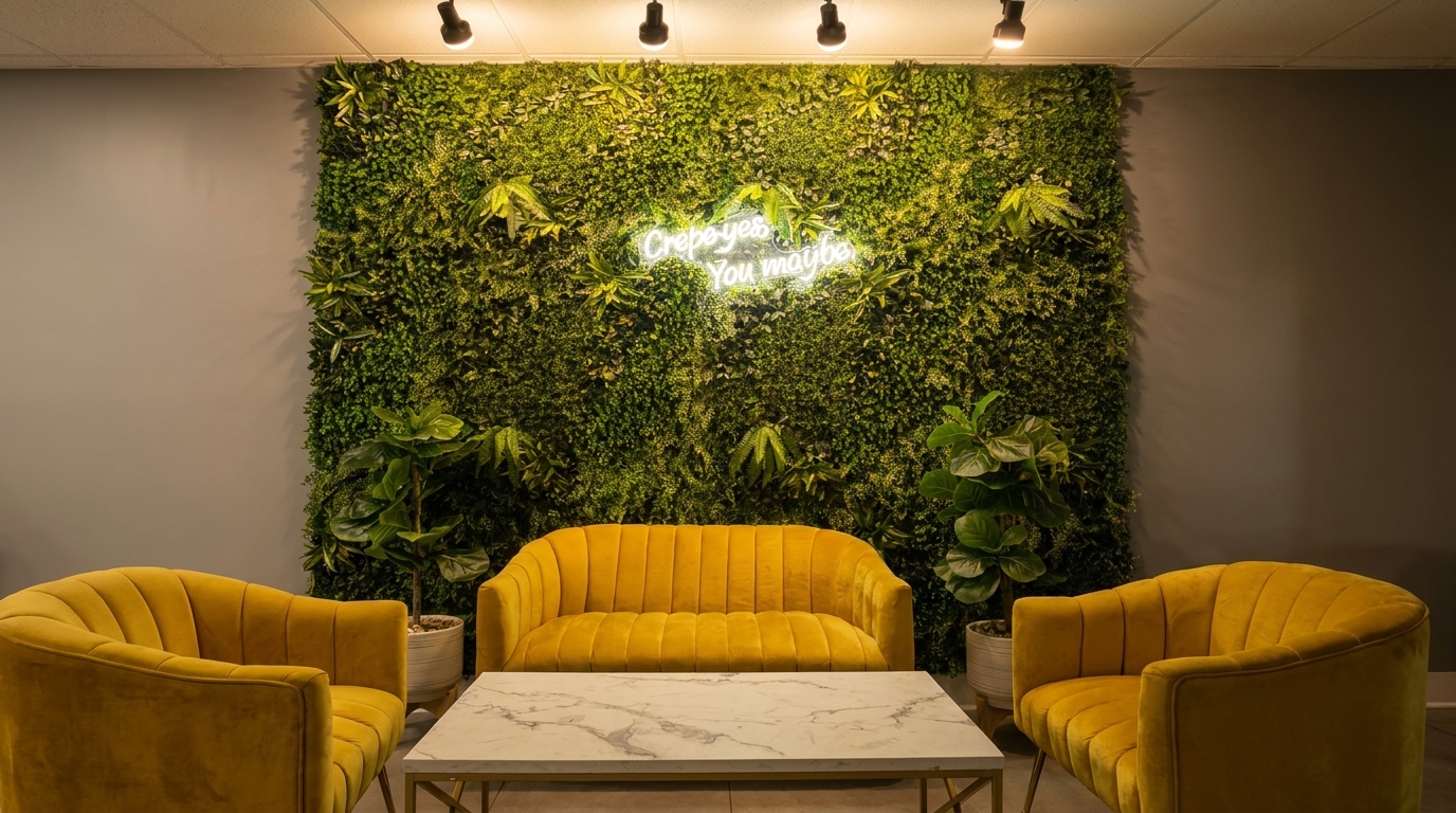 Lounge area with three yellow velvet chairs and a marble table in front of a green plant wall with a neon sign.