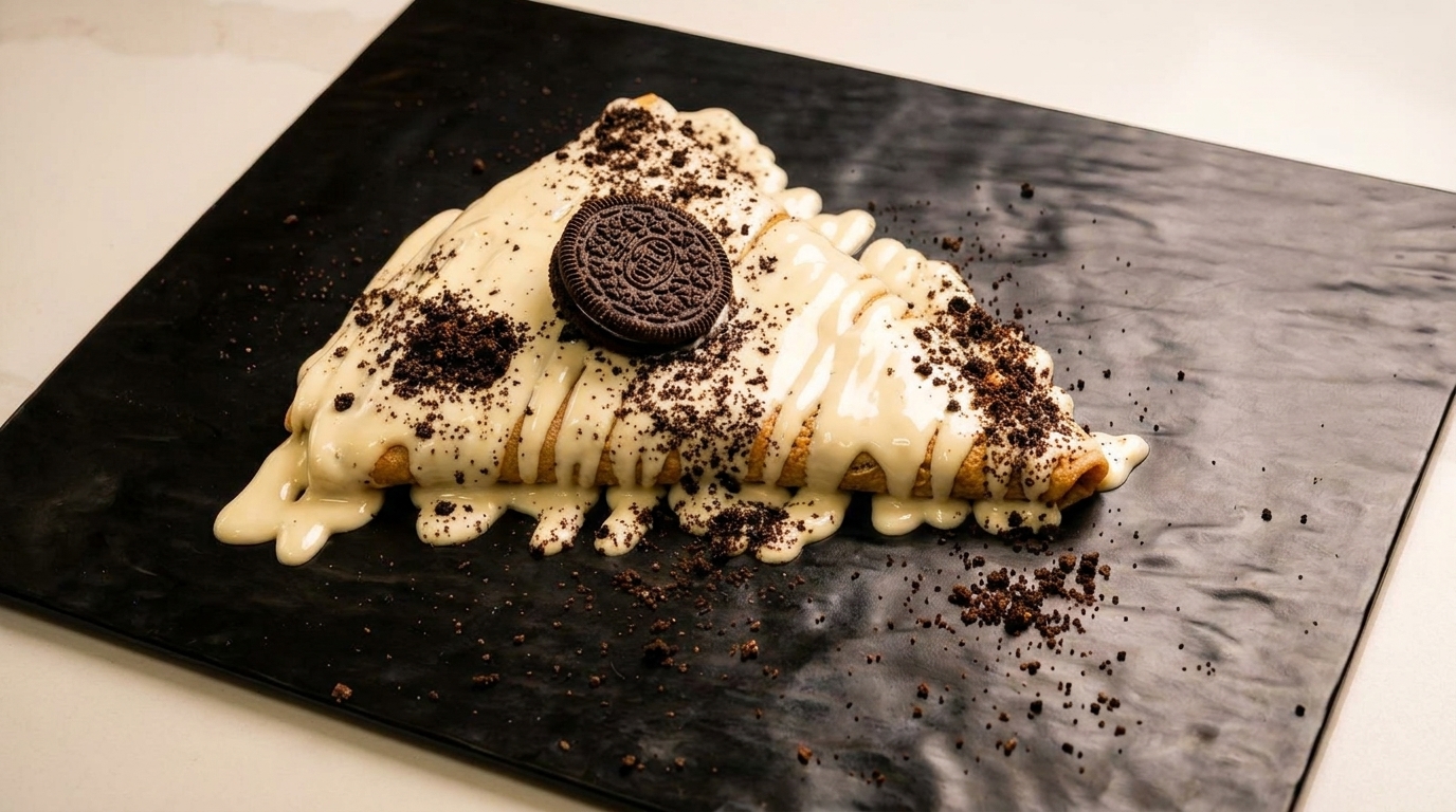 Crepe drizzled with white chocolate sauce, topped with crushed Oreos and a whole Oreo cookie.
