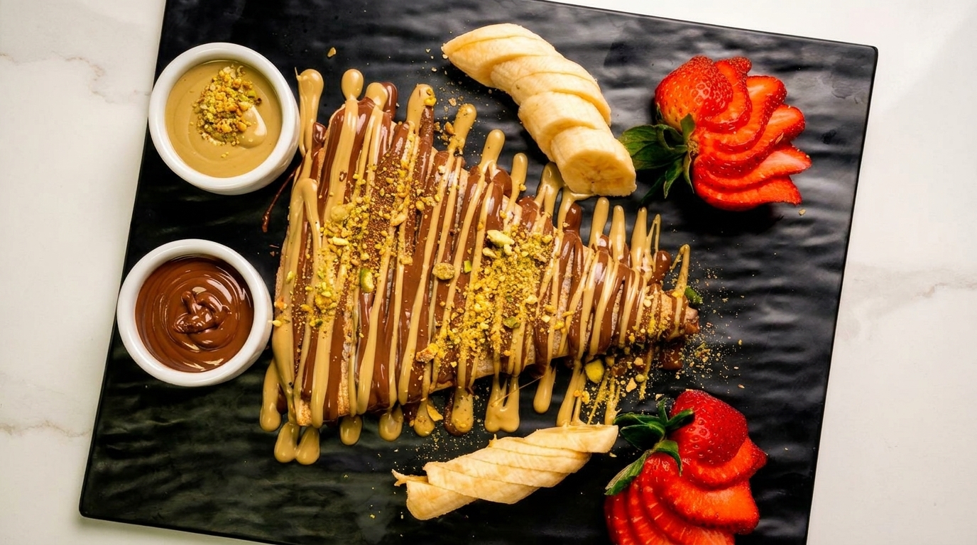 A chocolate and peanut butter drizzled crepe with pistachios, sliced bananas, and strawberries.