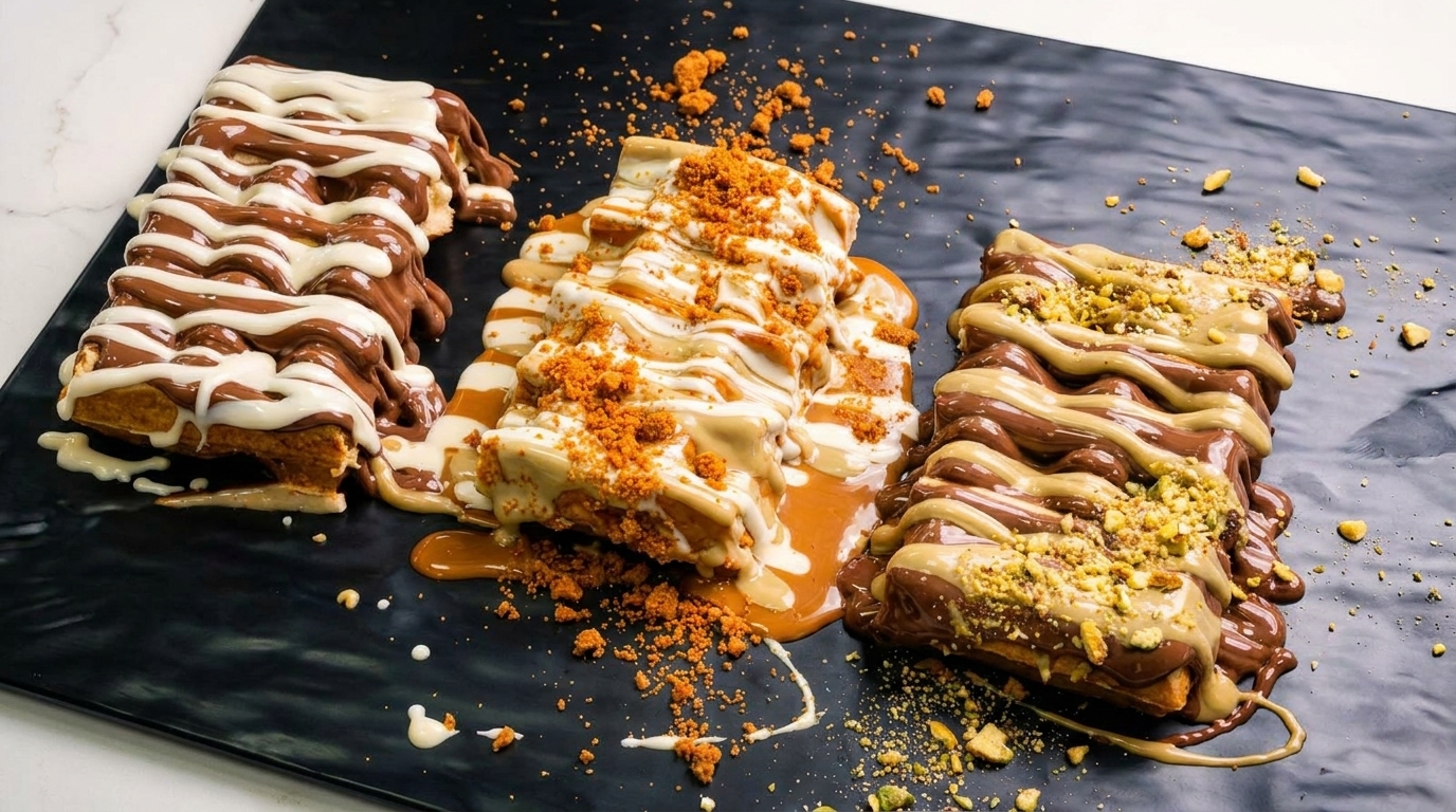 Three dessert waffles with chocolate, caramel, and pistachio toppings on a black platter.