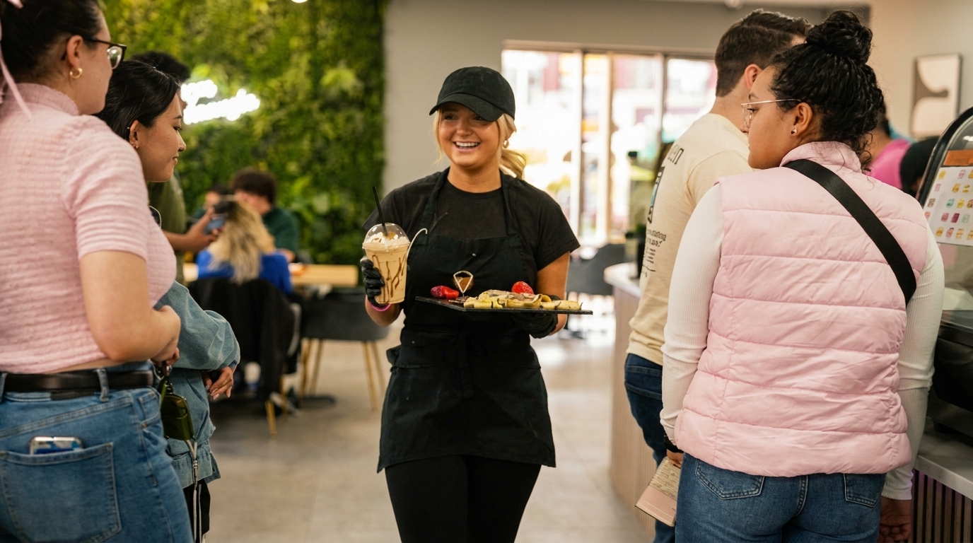 A smiling server in a black apron holds a milkshake and a dessert plate with crepes and fruit.