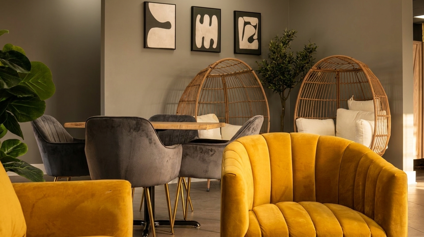 A modern restaurant interior with mustard yellow and gray velvet chairs, and two wicker egg chairs.