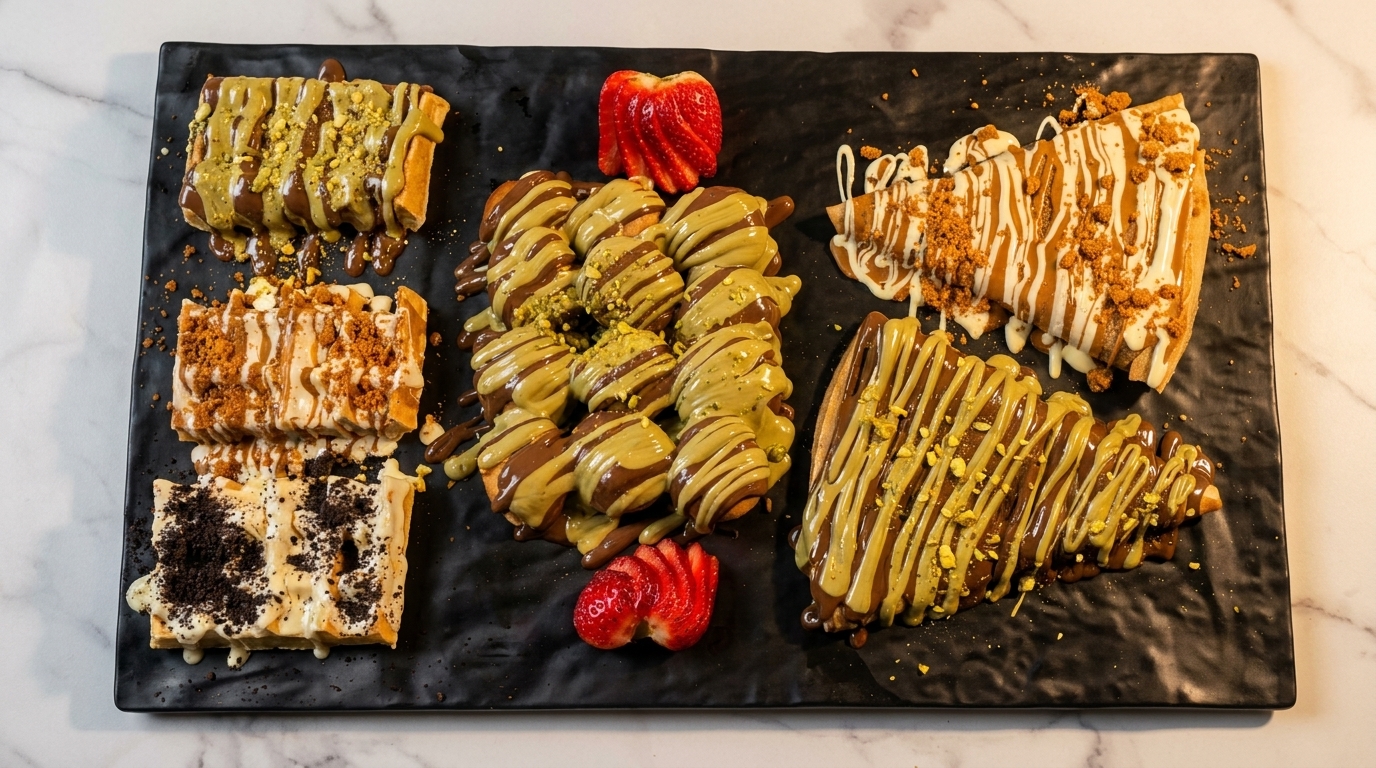 A black platter with various waffles and mini pancakes drizzled with chocolate, pistachio, and cookie crumbles.