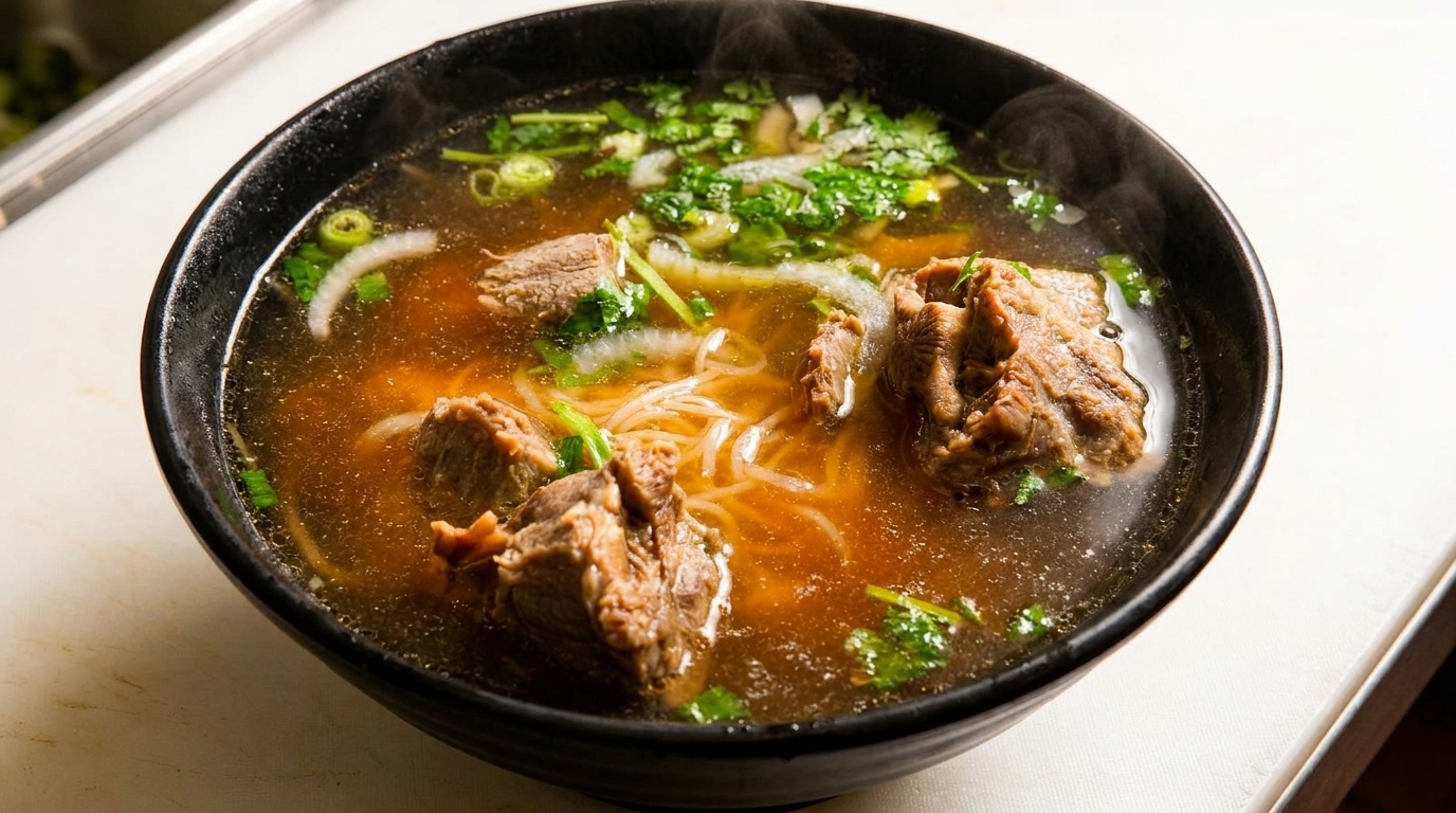 Steaming bowl of pho with beef, noodles, onions, and cilantro in a rich broth.