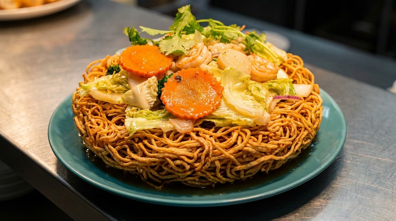 Crispy noodles topped with shrimp, scallops, carrots, and mixed vegetables on a teal plate.