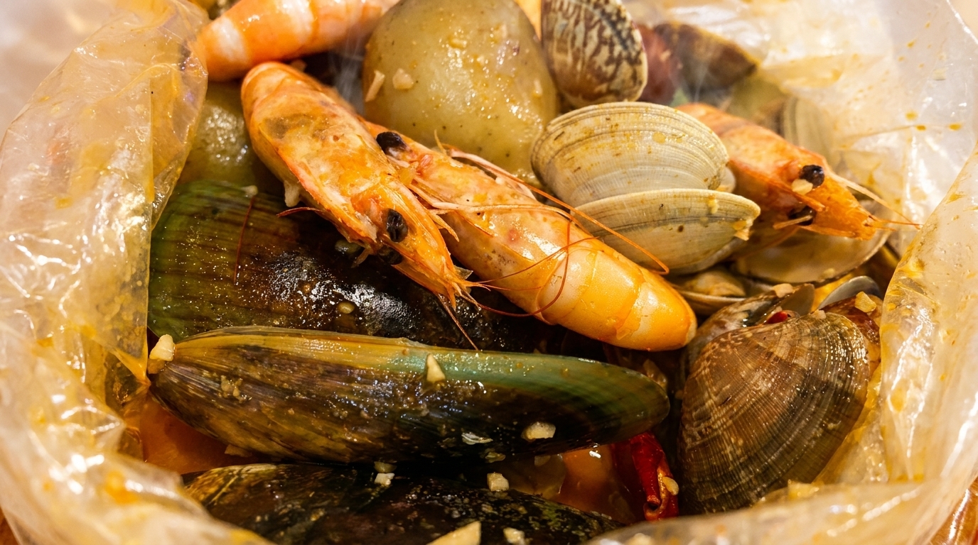 Close-up of a seafood boil bag filled with shrimp, mussels, clams, and potatoes.
