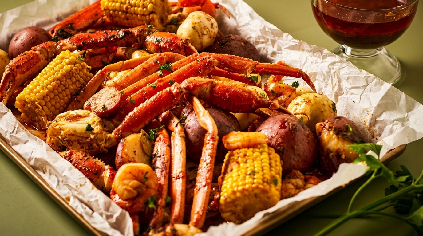 A seafood boil with crab legs, corn, potatoes, sausage, and shrimp on a parchment-lined tray.