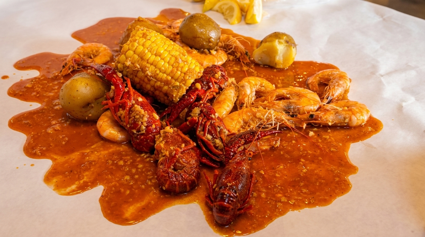 Boiled crawfish, shrimp, corn on the cob, and potatoes covered in sauce on white paper.