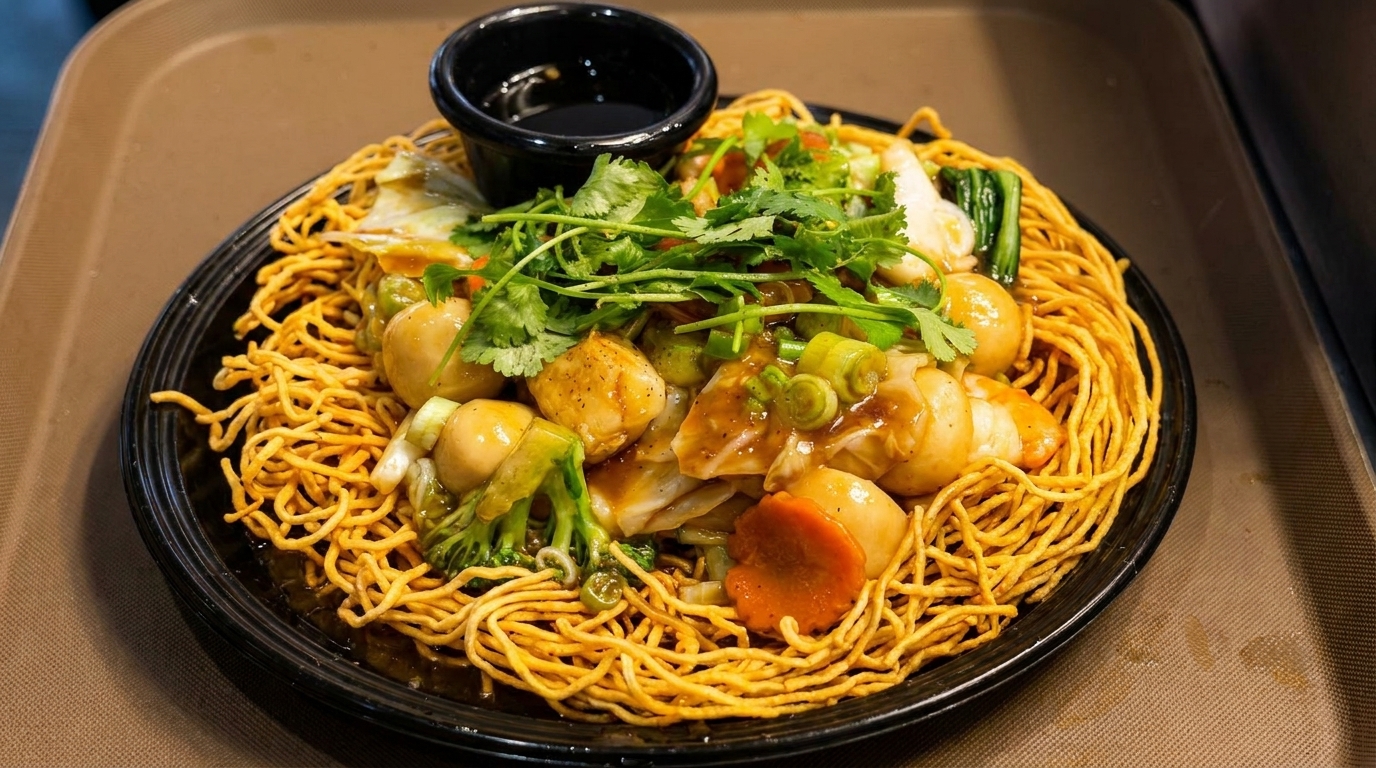 Crispy chow mein noodles topped with vegetables, fish balls, and a side of sauce.