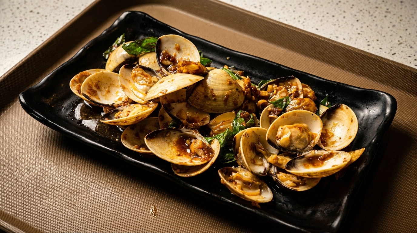 A black rectangular plate filled with stir-fried clams in a savory sauce with basil leaves.