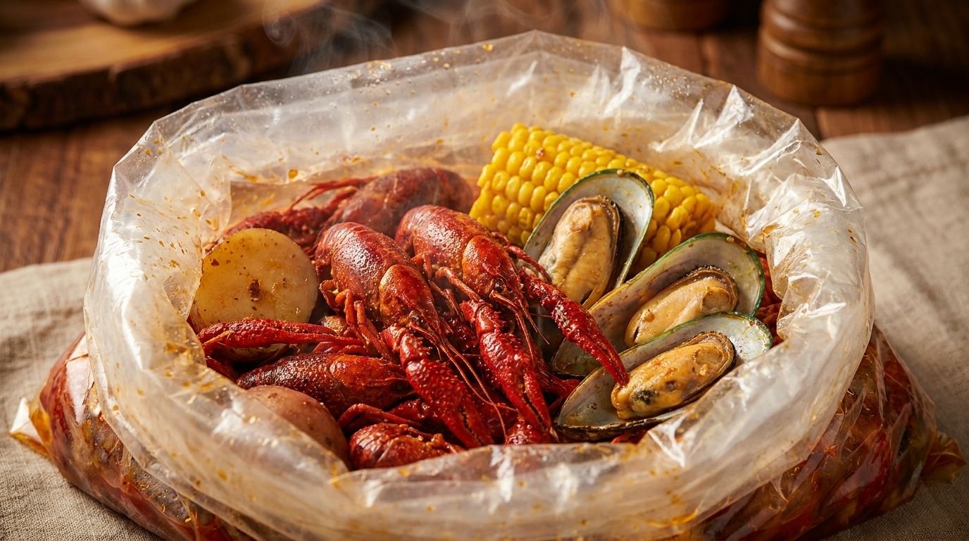 Steaming plastic bag filled with red crawfish, mussels, corn on the cob, and potatoes.
