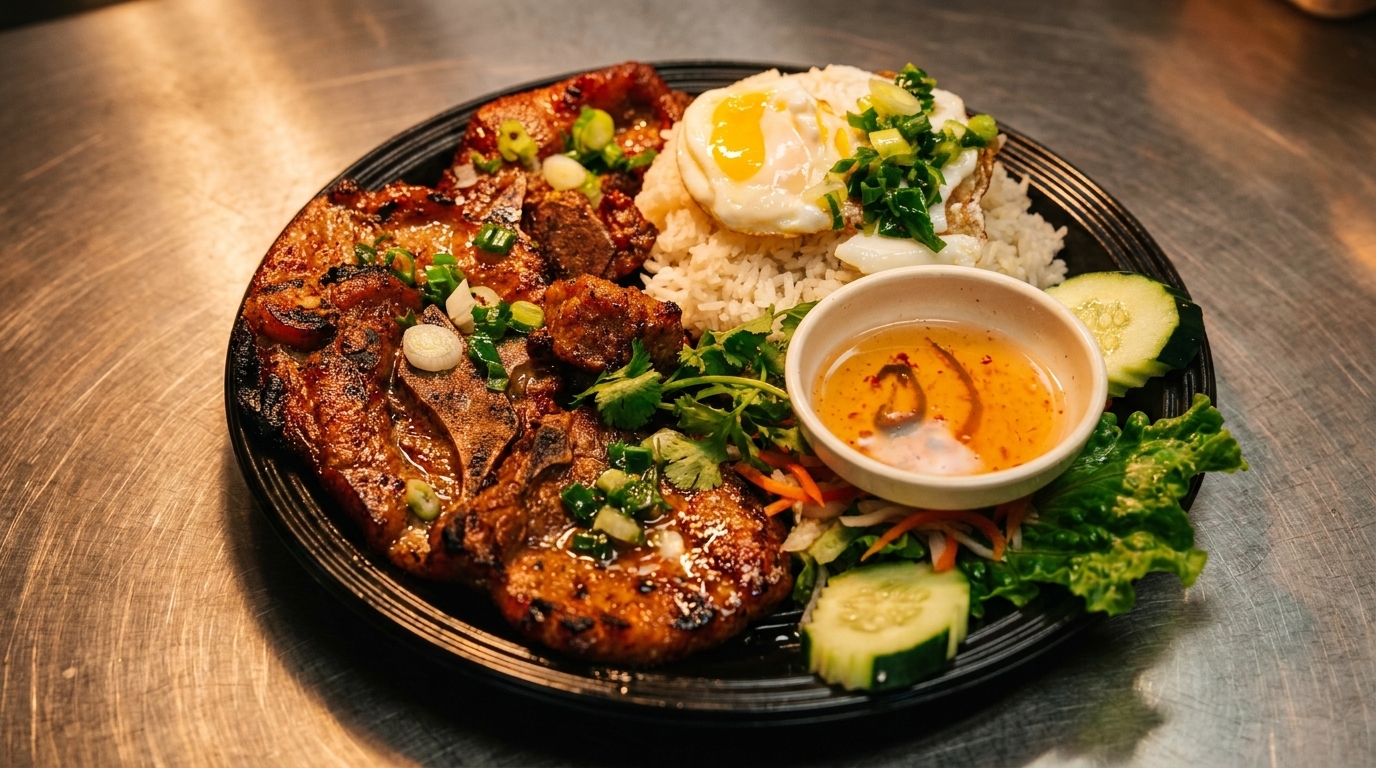 Grilled pork chops with rice, a fried egg, fresh vegetables, and dipping sauce on a black plate.