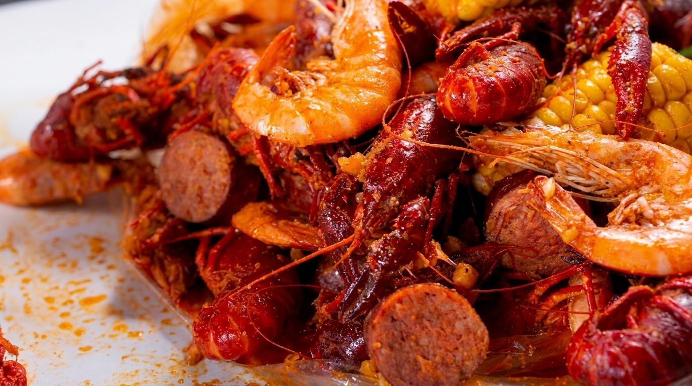 Close-up of a seafood boil with crawfish, shrimp, sausage, and corn on the cob.