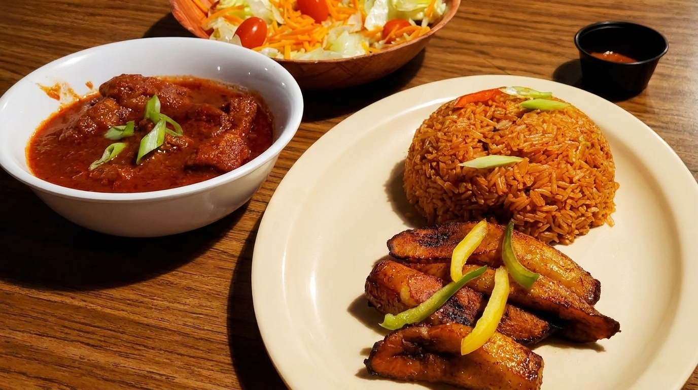 A meal with jollof rice, fried plantains, a bowl of stew, and a side salad.
