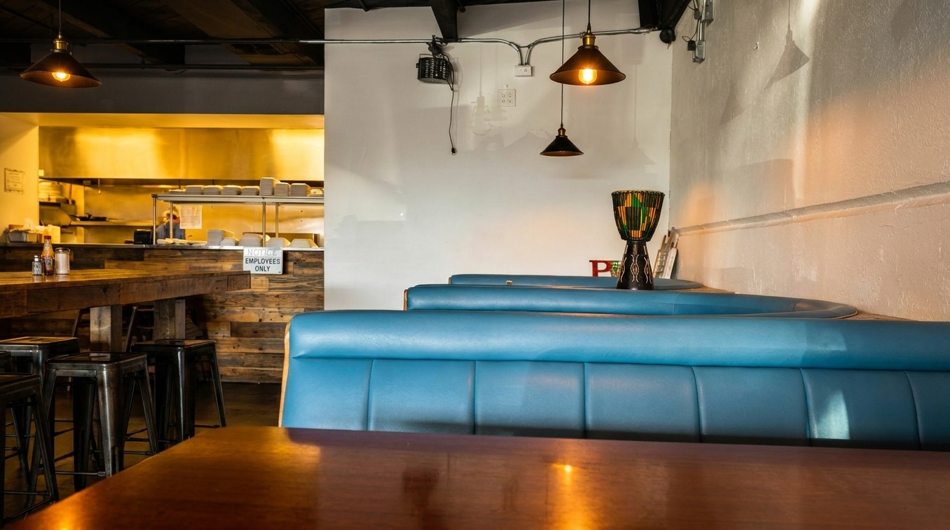 Restaurant interior with blue booths, wooden tables, industrial lighting, and a glimpse of the kitchen.