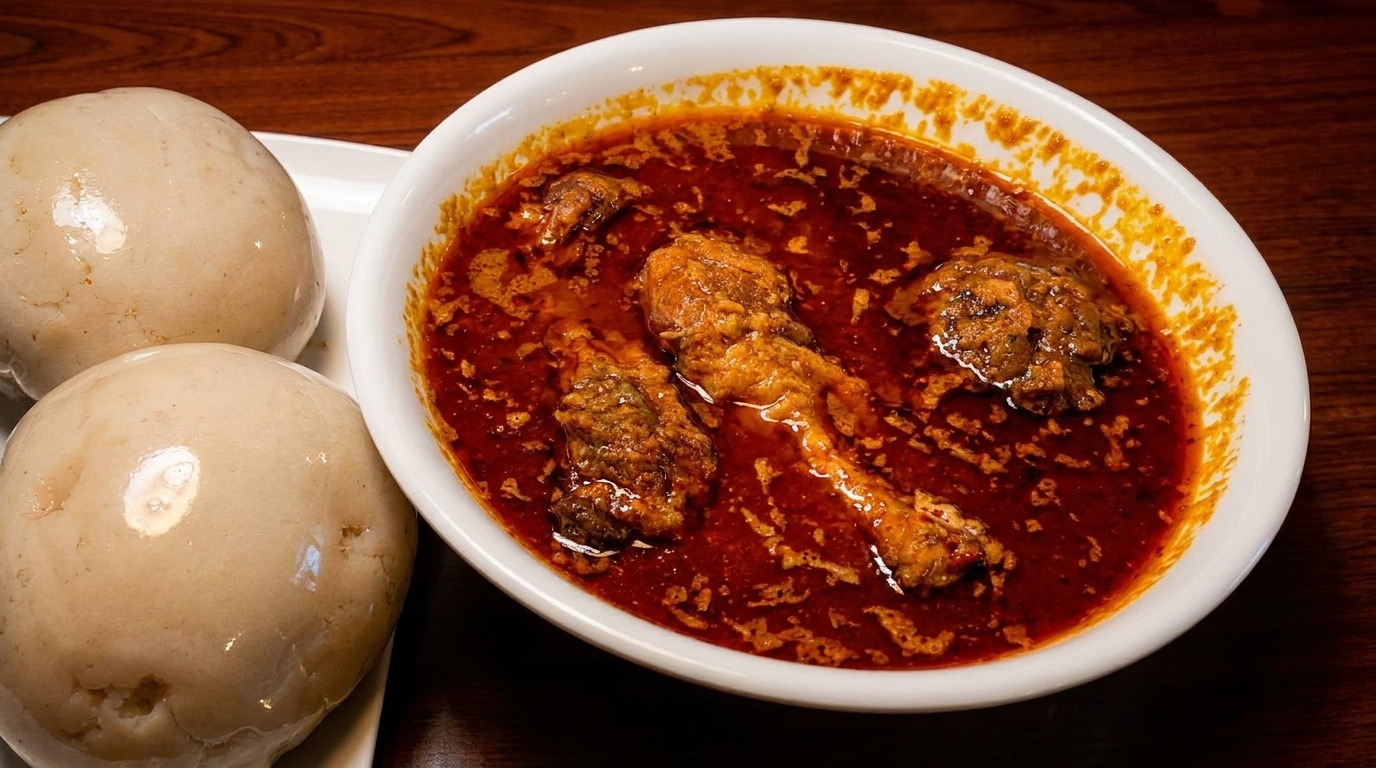 A white bowl of red stew with chicken pieces and two fufu balls on a white plate.