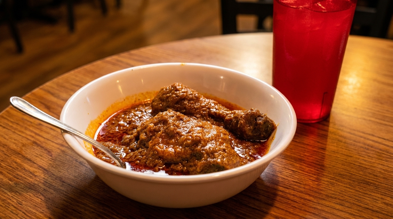 Two chicken drumsticks in a rich, reddish-brown sauce in a white bowl with a red drink.