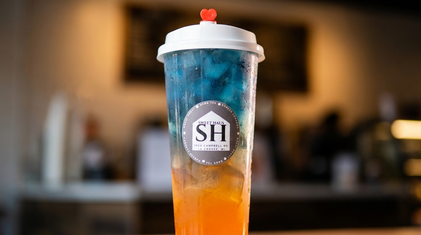 A Sweet Haus boba tea with blue and orange layers, ice, and a heart-shaped stopper.