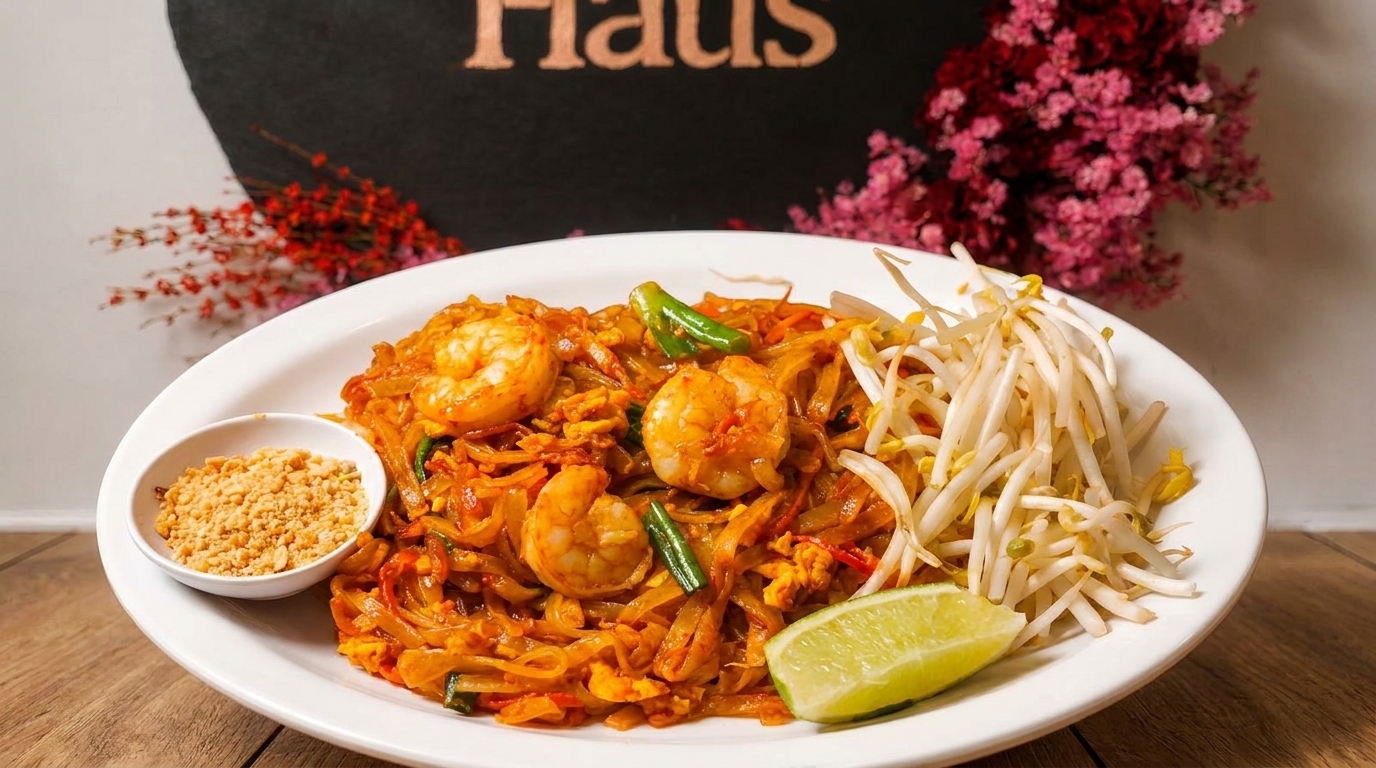 A plate of shrimp pad thai with bean sprouts, lime, and crushed peanuts.