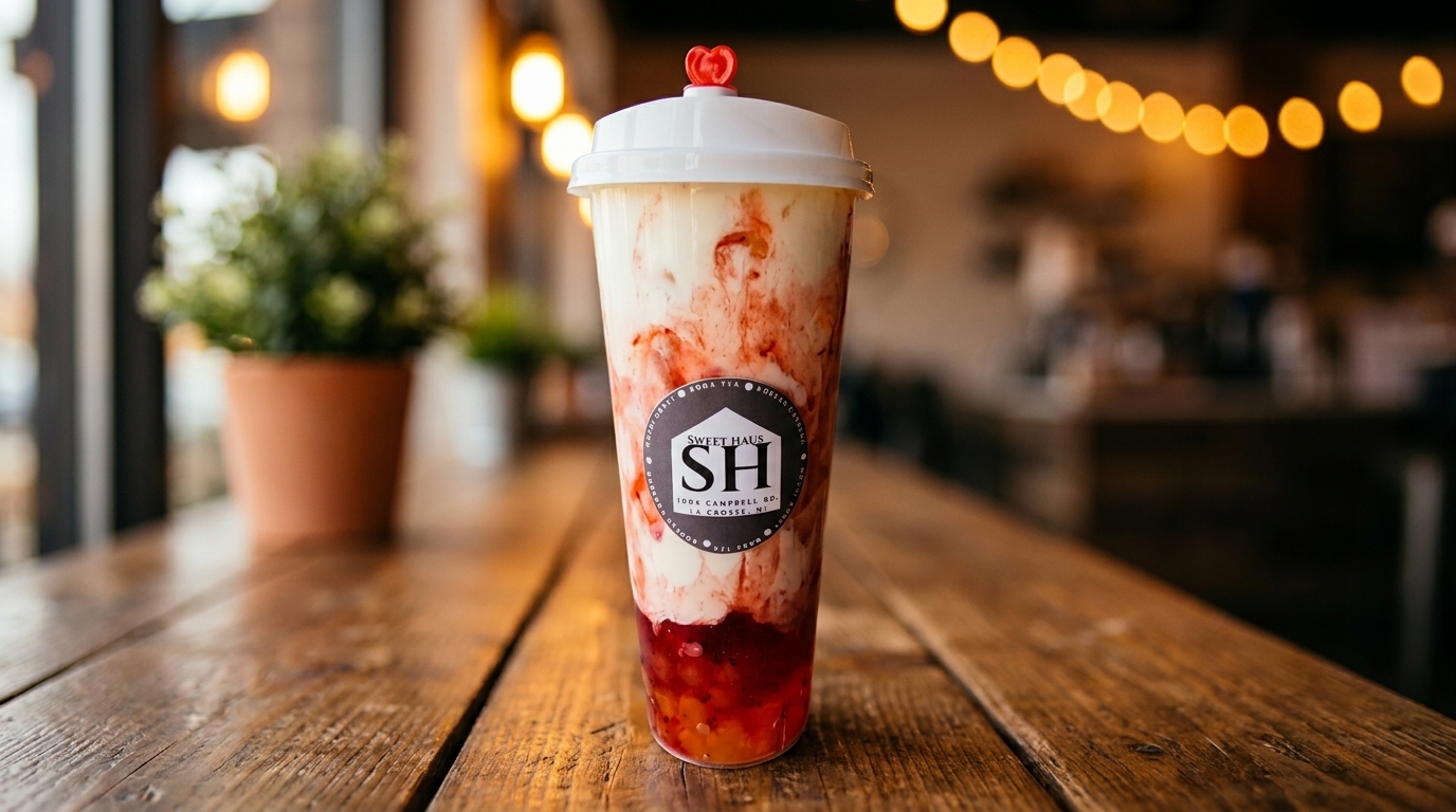 Sweet Haus strawberry drink with cream on a wooden table, with string lights in the background.