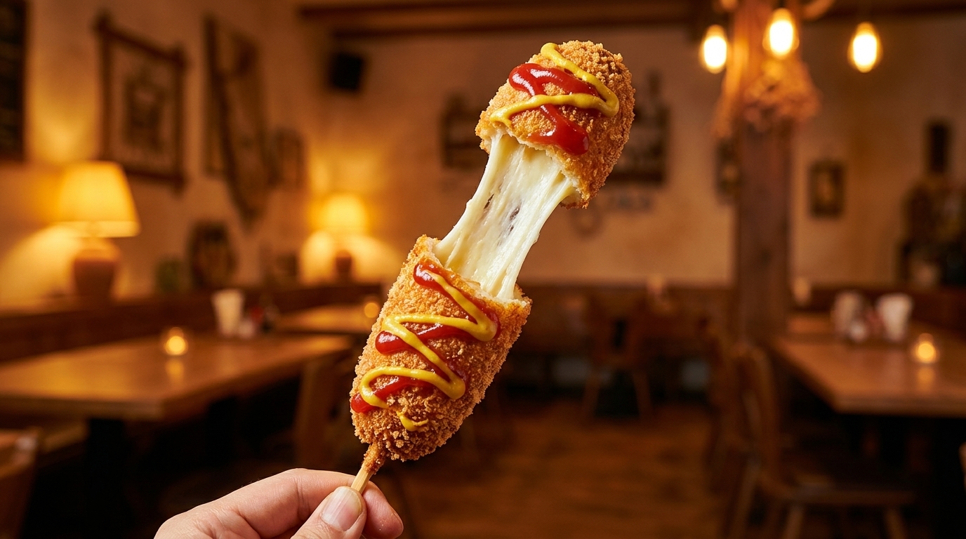 Hand holding a Korean corn dog with stretchy cheese, ketchup, and mustard in a restaurant.
