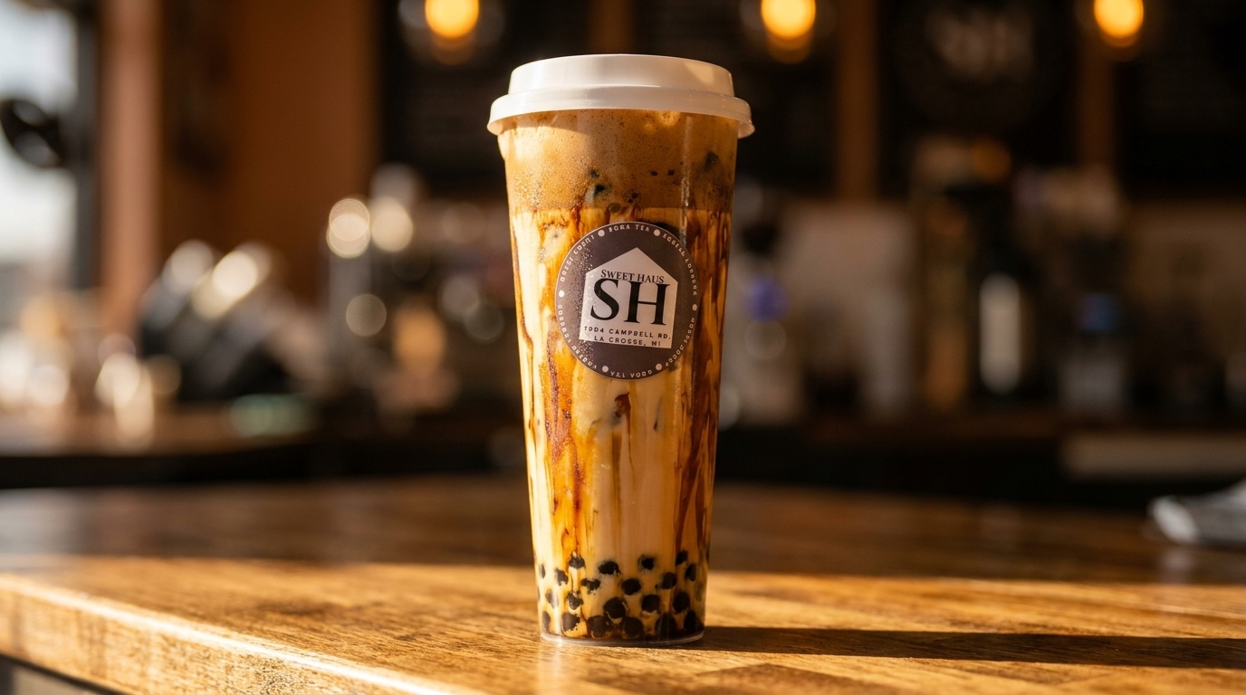Sweet Haus boba tea with brown sugar streaks and tapioca pearls on a wooden counter.