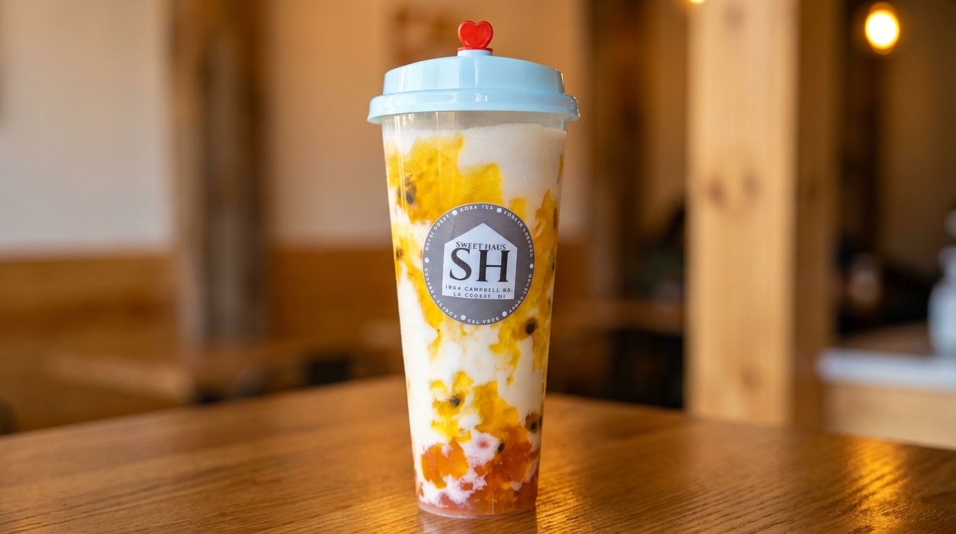 Sweet Haus boba tea with passion fruit and a light blue lid on a wooden table.