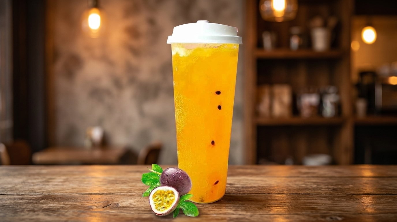Passion fruit iced tea with whole and halved passion fruits on a wooden table in a cafe.