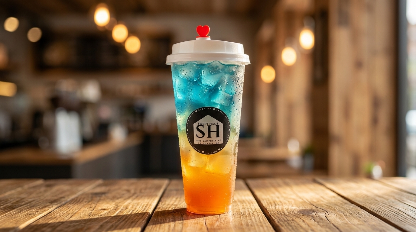 Sweet Hal's colorful layered drink with a heart-shaped straw stopper on a wooden table.