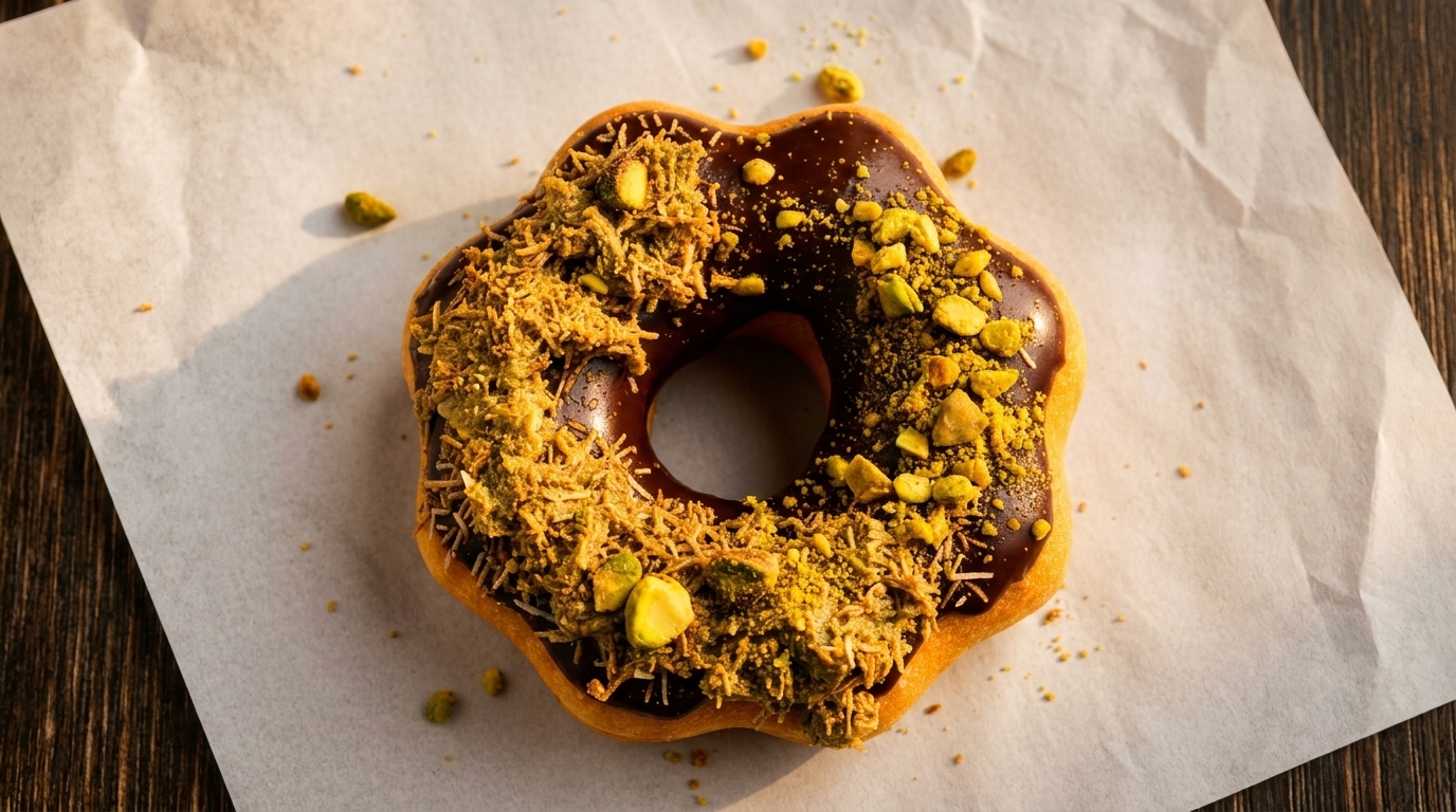 Chocolate-glazed donut with pistachio and shredded coconut toppings on white parchment paper.