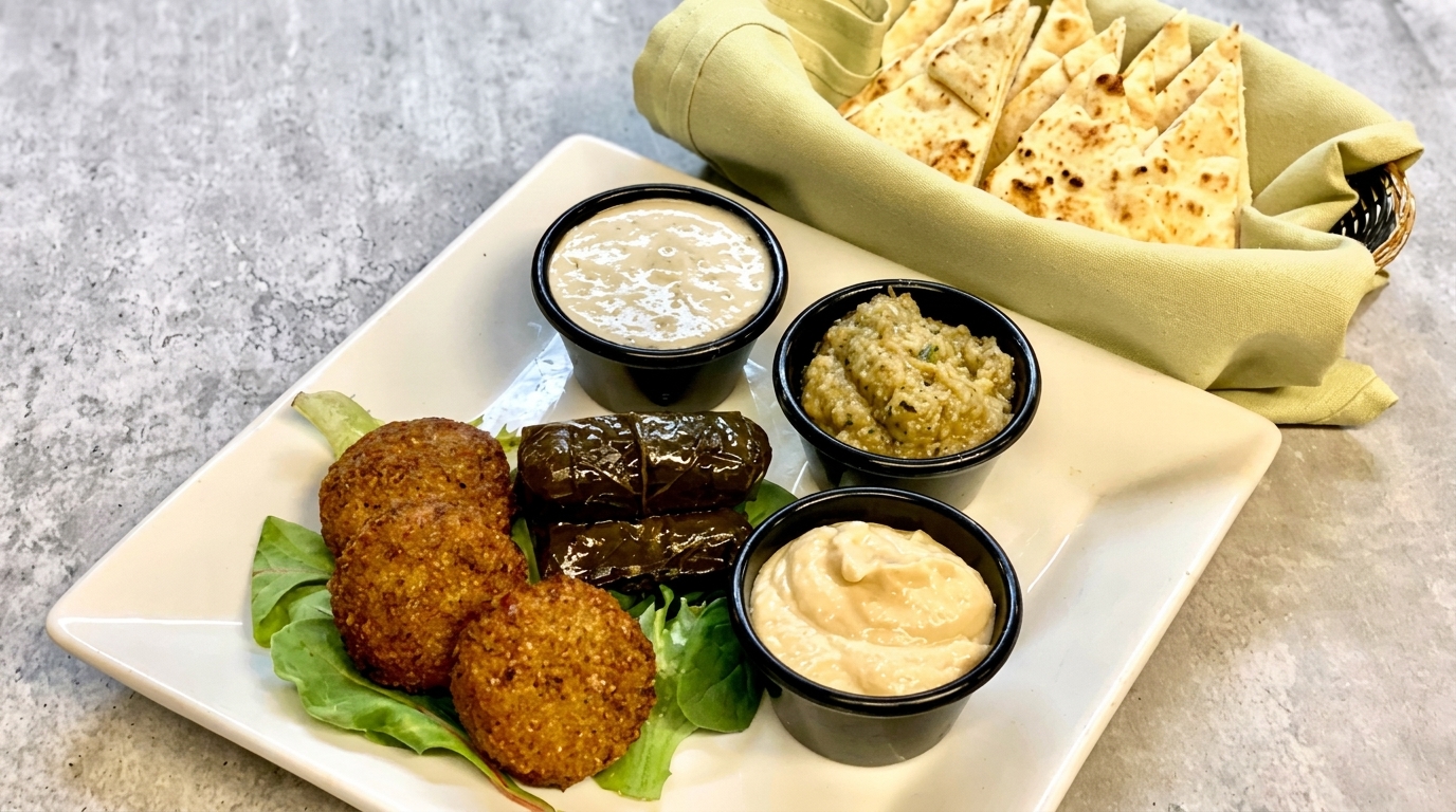 A platter of falafel, dolmades, hummus, baba ghanoush, and tahini sauce with pita bread.