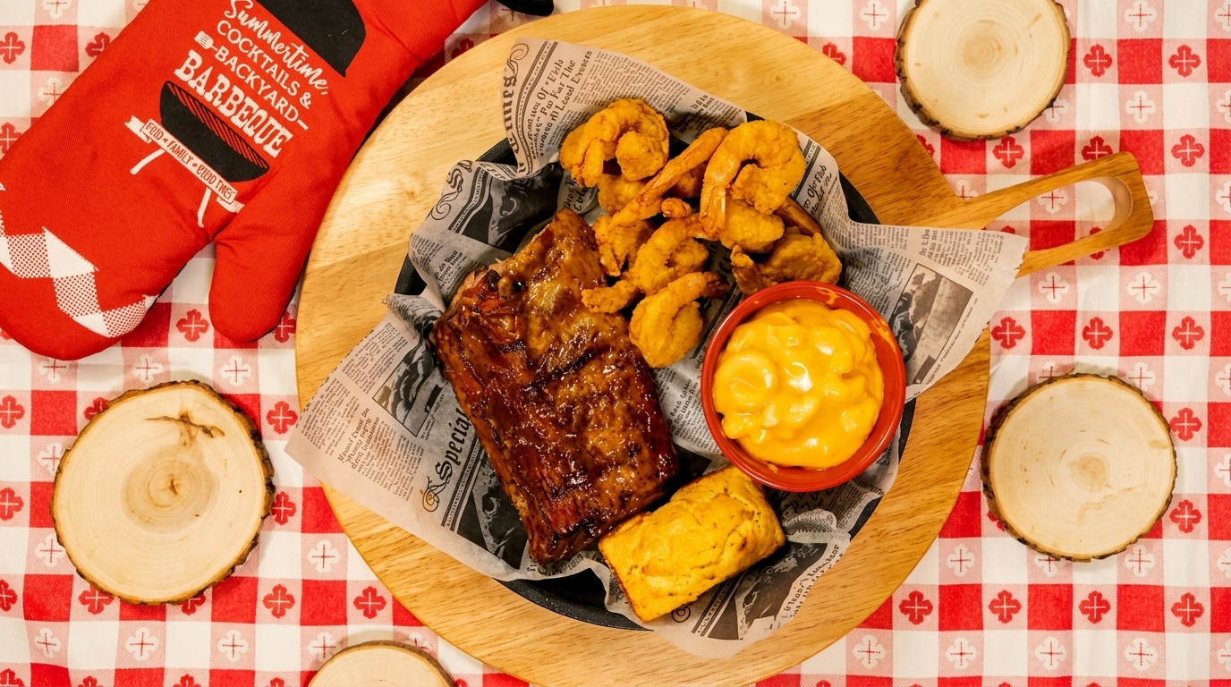 BBQ ribs, fried shrimp, mac and cheese, and cornbread on a newspaper-lined tray.