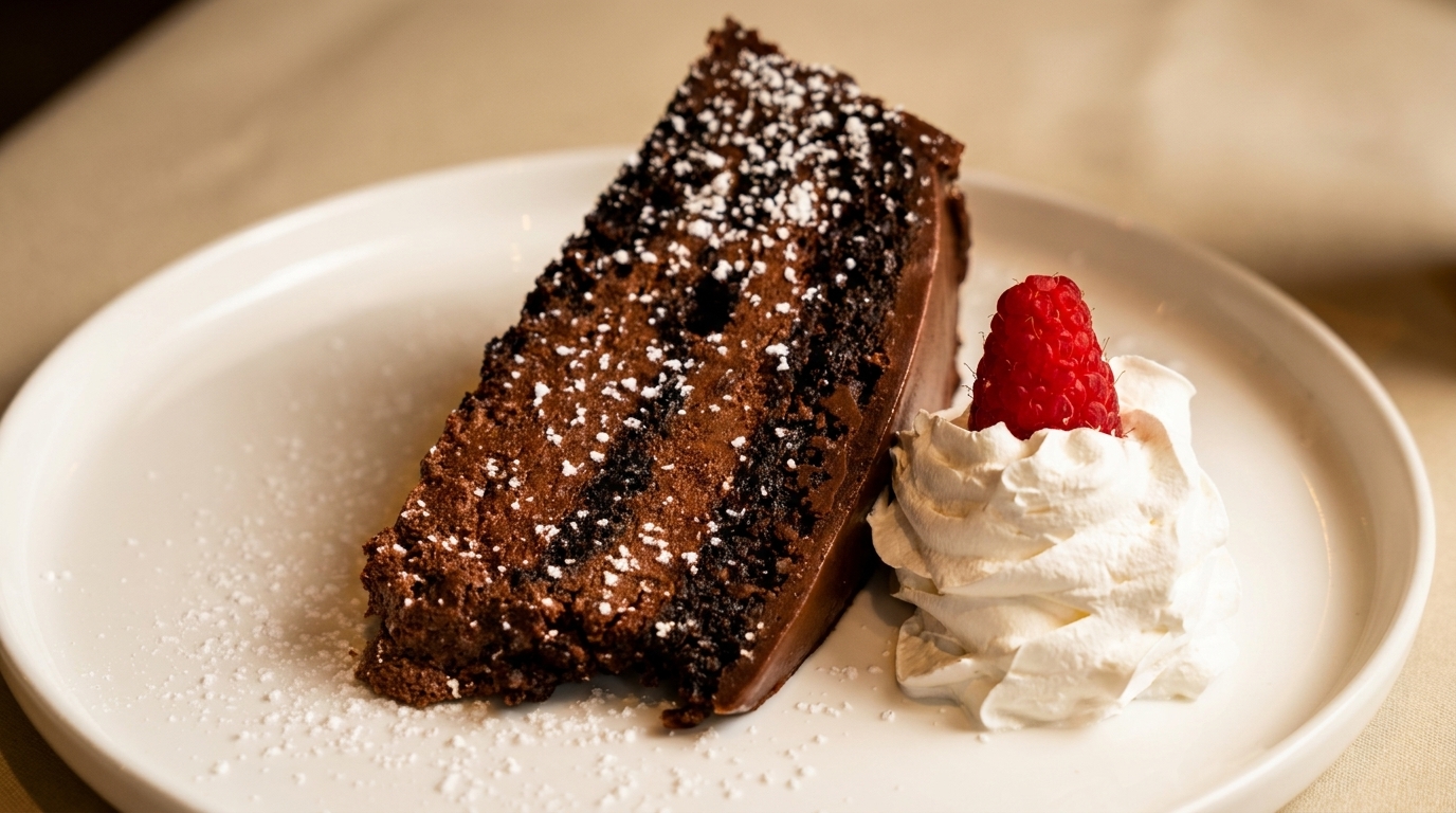 A slice of chocolate cake with powdered sugar, whipped cream, and a raspberry on a white plate.