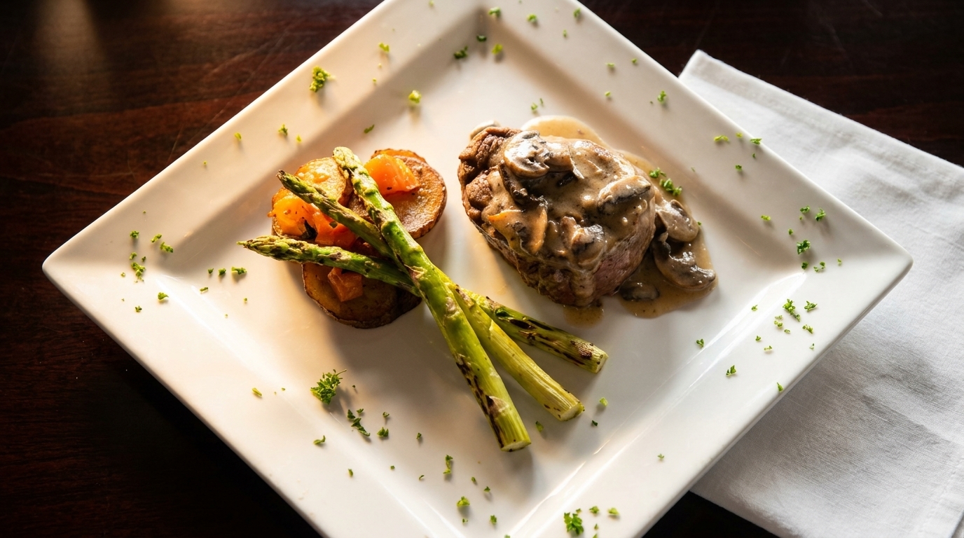 Filet mignon with mushroom sauce, roasted potatoes, and grilled asparagus on a white plate.
