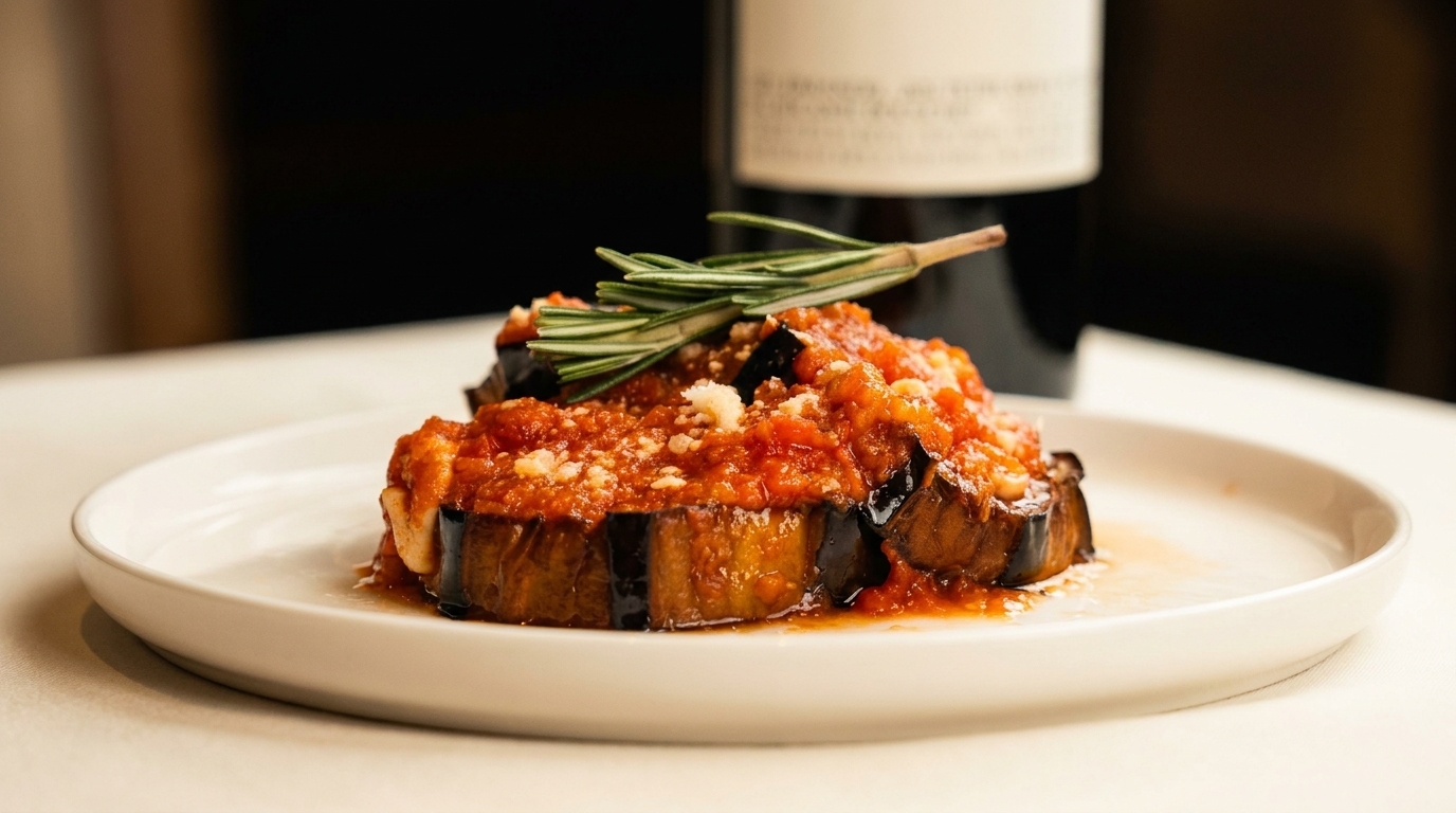 Eggplant Parmesan with tomato sauce, grated cheese, and rosemary on a white plate, with a wine bottle in the background.