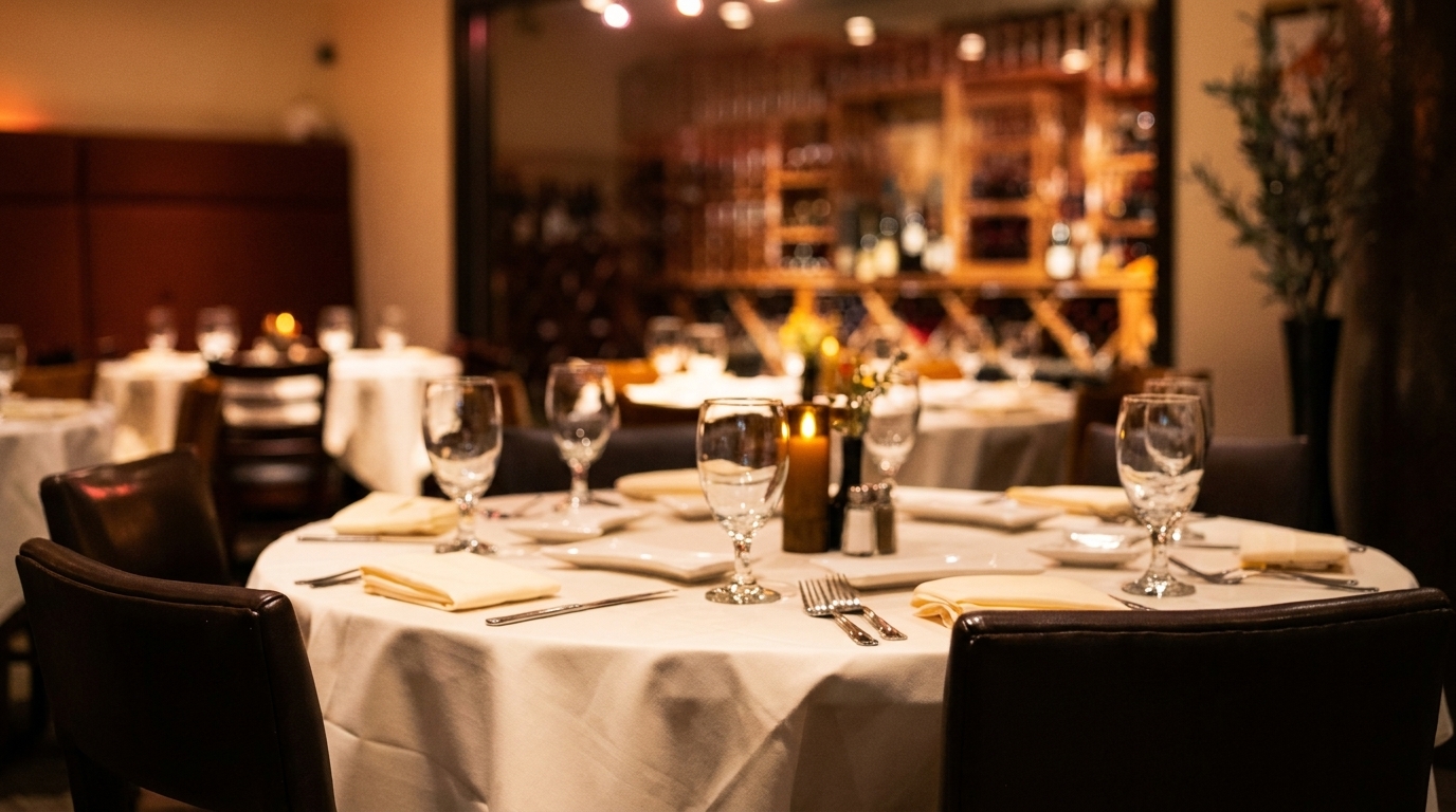 A set dining table with white tablecloth, wine glasses, and a lit candle in a dimly lit restaurant.