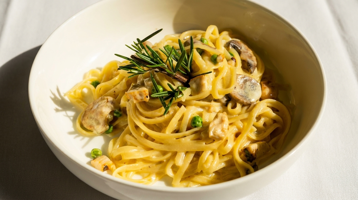 Creamy fettuccine pasta with chicken, mushrooms, peas, and a rosemary garnish in a white bowl.