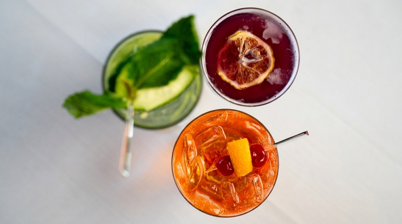 Overhead view of three colorful cocktails: green with mint, red with dried citrus, and orange with cherries.